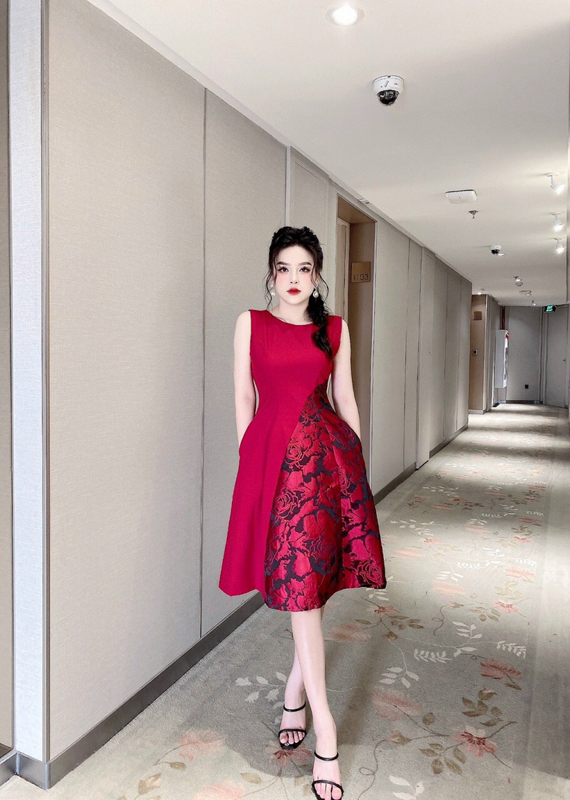 Đầm xoè gấm phối màu - D926